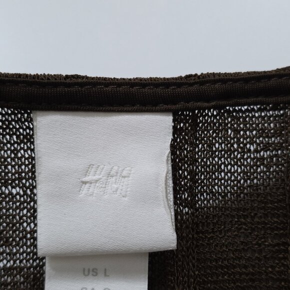 H&M Top Womens L Brown Sheer SS Button Up Knit Ribbed Cropped Relaxed Whimsigoth - Picture 3 of 15